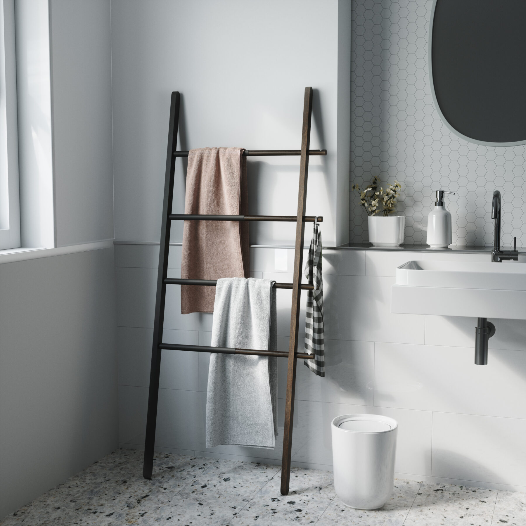 its adjustable size ensures it fits wherever it’s needed most – in both large and small spaces. Hub measures 60 inches x 16.2 inches and its width expands up to 24 inches allowing it to hold larger items such as towels or linens. Made of solid ash wood and powder-coated steel