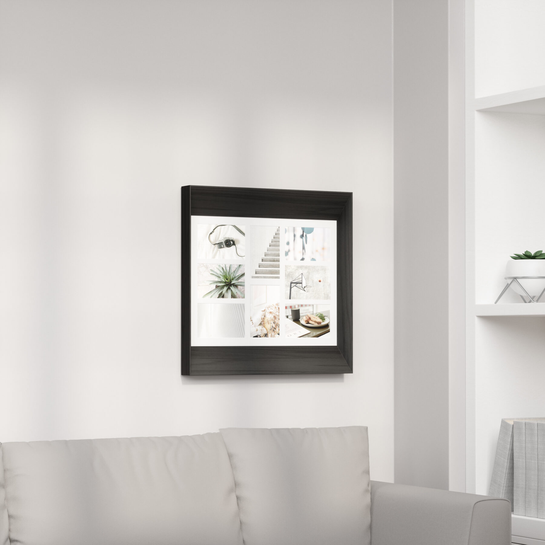 Lookout is a unique angular picture frame with a simple solid wood construction. Lookout Wall holds eight 4x6" pictures or take out the matboard and display an 18x14" drawing