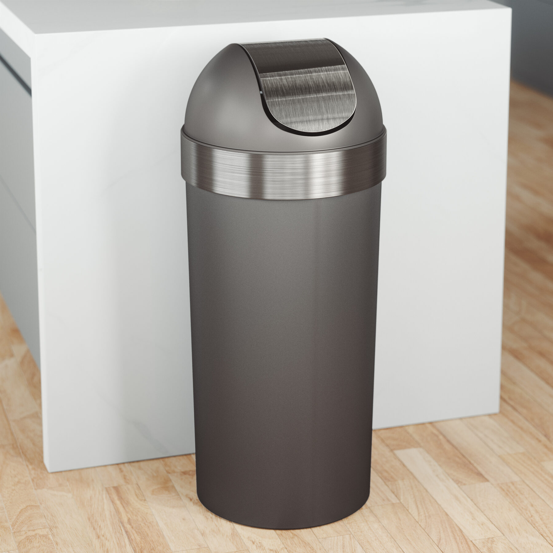 easy-to-use garbage can. With sleek brushed metallic accents